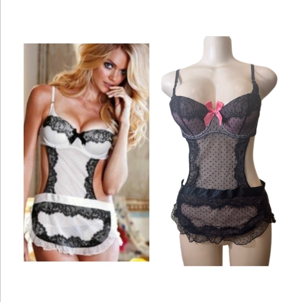 NWT Chic Black Lace Chemise with Pink Bow